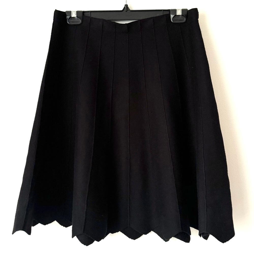 Vila Milano crepe knit flare stretch skirt with scalloped hem.